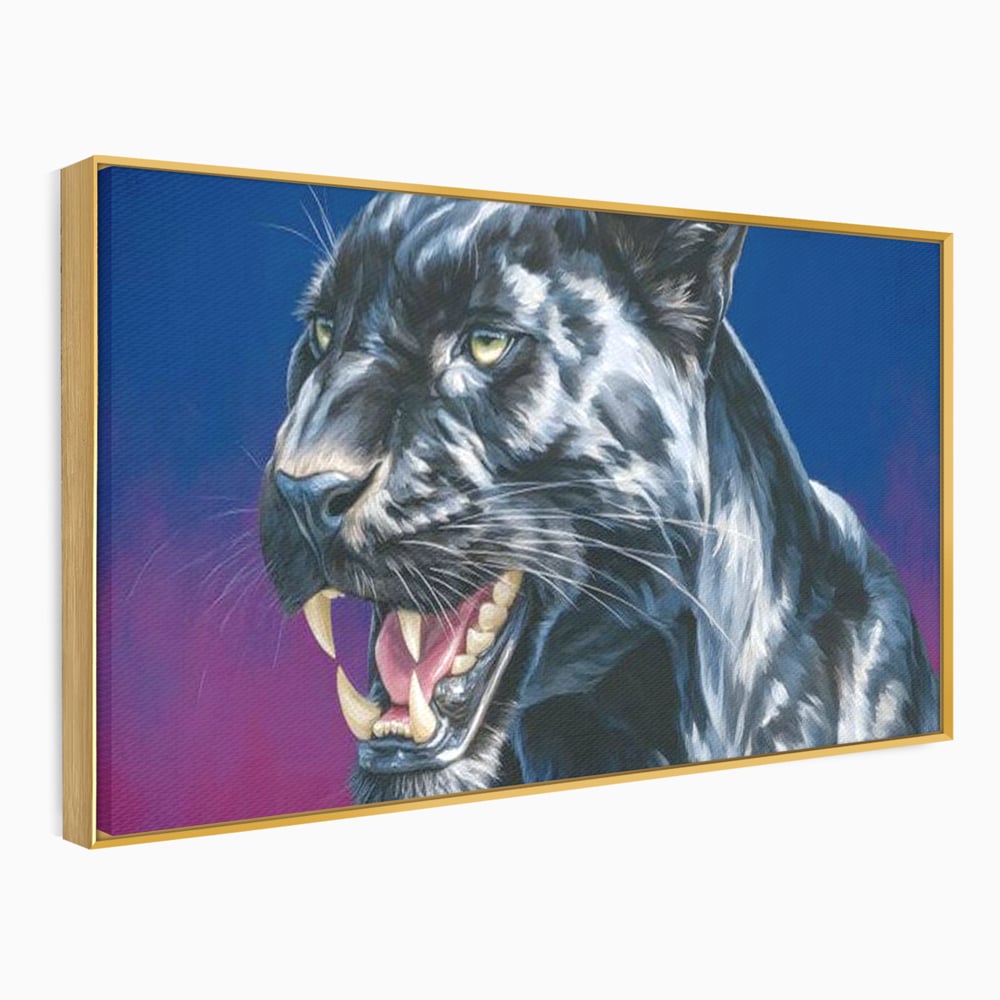 Tablou canvas cu tablou canvas cu pantera neagra, in rama de aluminiu auriu